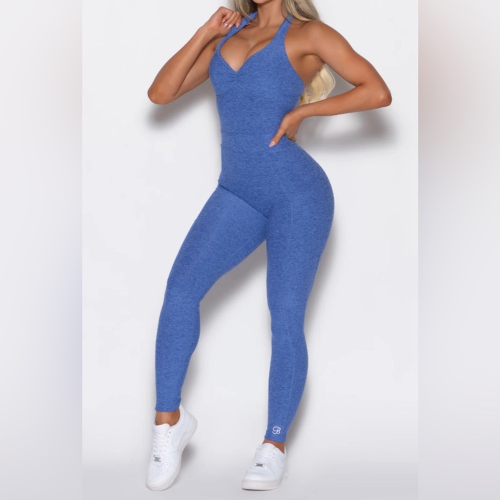 BOMBSHELL SPORTSWEAR BACKLESS POCKETS BODYSUIT SZ XS HALTER LEGGING 1 PIECE BLUE